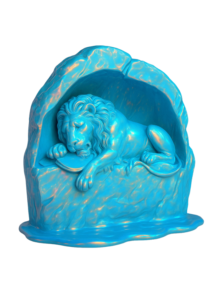 Das Luzerner Löwendenkmal als glänzende, blaue 3D-Skulptur